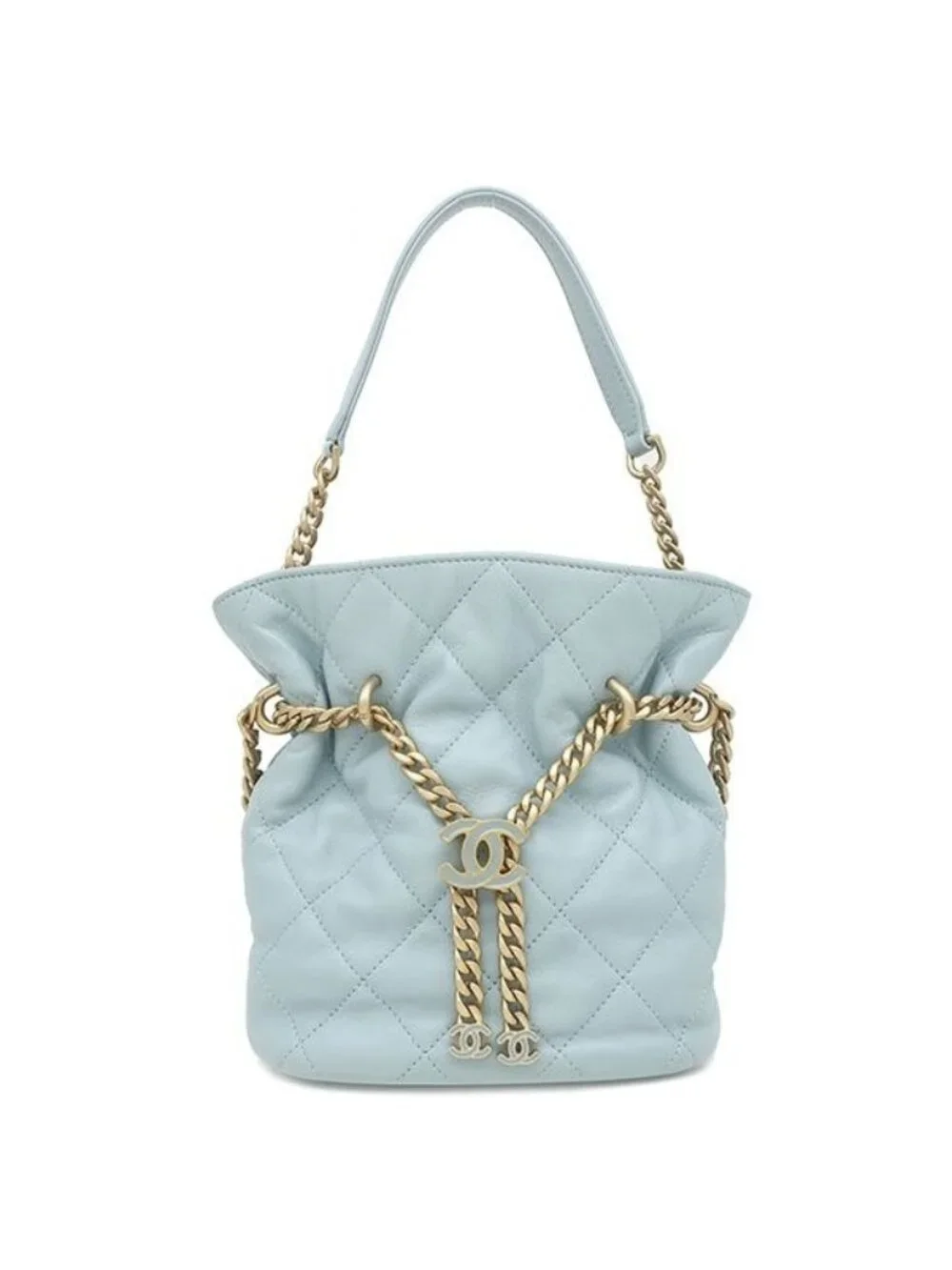 Chanel 2-Way Quilted Mini Bucket Bag Lambskin Light Blue Gold